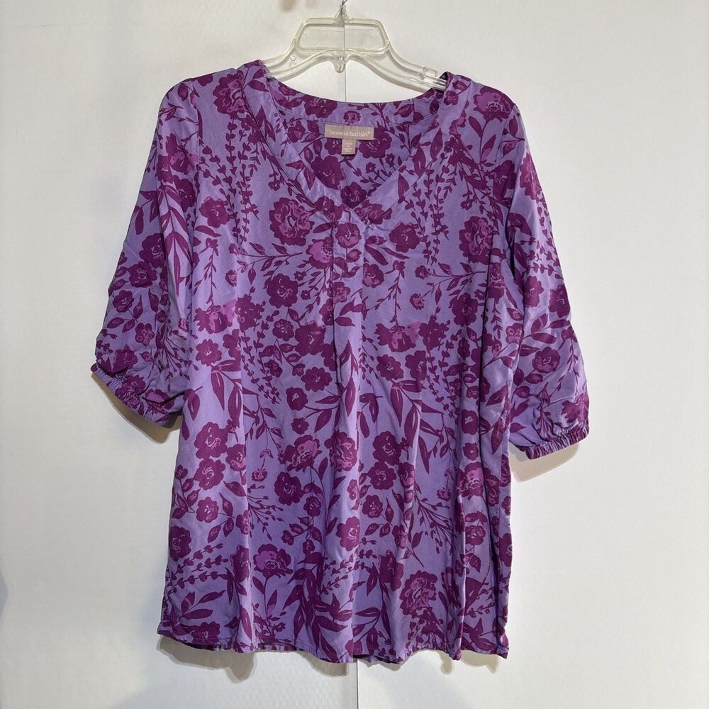 Woman Within Purple V neck M 14-16 Floral Blouse Top Chest 44" Preown Work